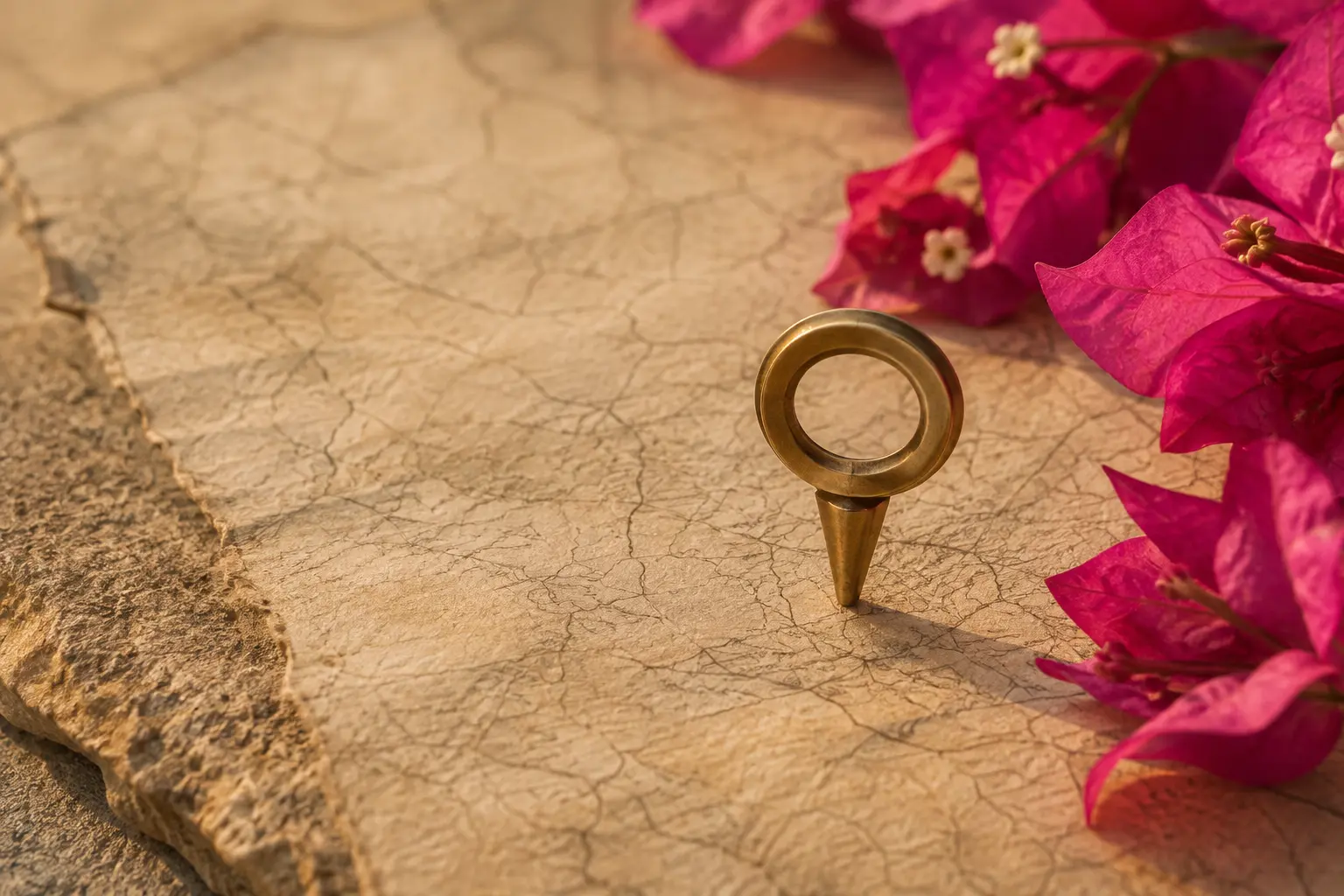 Brass location marker on an unlabeled paper map beside bougainvillea