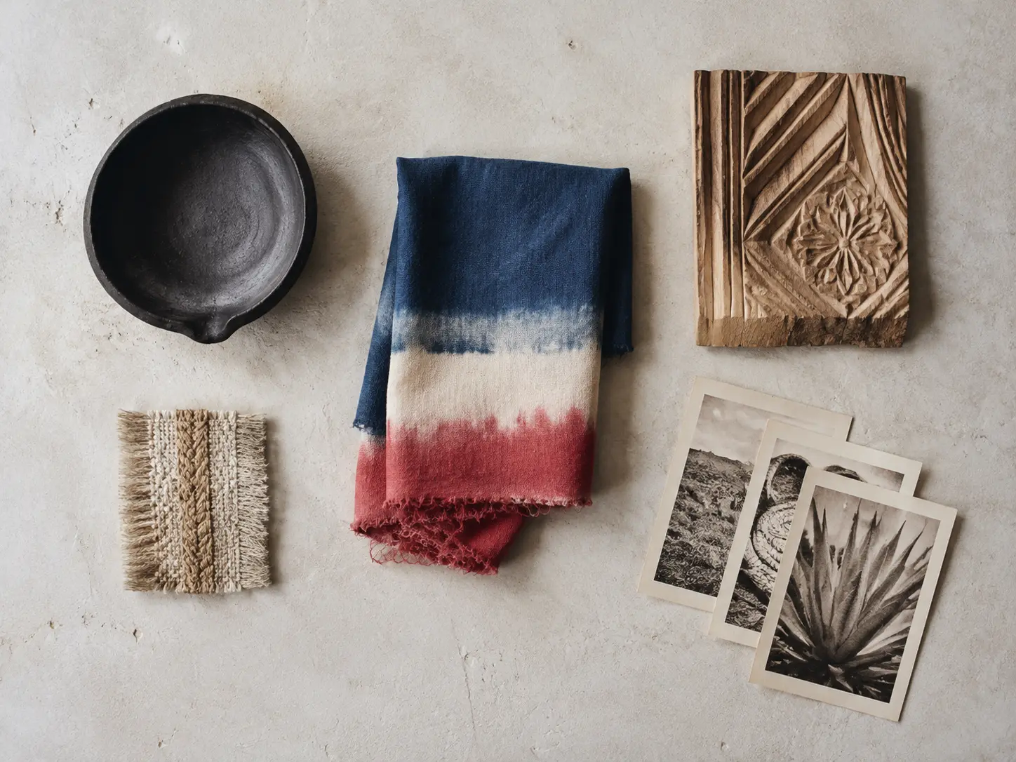 Overhead index of black clay, natural-dye textile, carved wood and archival photographs